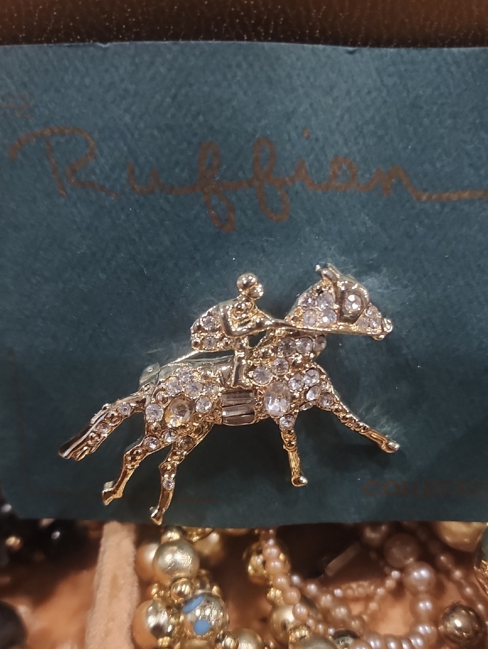 Gold Horse & Jockey Crystal Brooch by